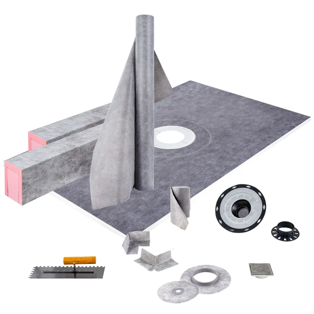 Alt view image 8 of 8 - Shower Curb Kit, 38\"x60\" Watertight Shower Curb Overlay with 4\" PVC Central Bonding Flange, 4\" Stainless Steel Grate, 2 Cuttable Shower Curb and Trowel, Shower Pan Slope Sticks Fit for Bathr