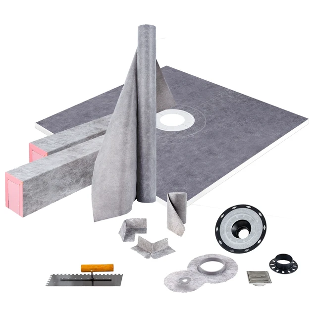 Alt view image 8 of 8 - Shower Curb Kit, 48\"x48\" Watertight Shower Curb Overlay with 4\" PVC Central Bonding Flange, 4\" Stainless Steel Grate, 2 Cuttable Shower Curb and Trowel, Shower Pan Slope Sticks Fit for Bathr