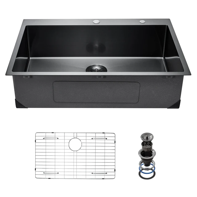 Alt view image 8 of 8 - 33 inch Kitchen Sink Workstation, 304 Stainless Steel Top Mount Sinks, Drop-In Single Bowl Farmhouse Basin with Accessories, Household Dishwasher Sinks for RV, Prep Kitchen, and Bar (Black)