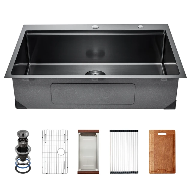 Alt view image 8 of 8 - 33 inch Kitchen Sink Workstation, 304 Stainless Steel Top Mount Sinks, Drop-In Single Bowl Farmhouse Basin with Ledge & Multiple Accessories, Household Dishwasher Sink for RV, Bar (Black)