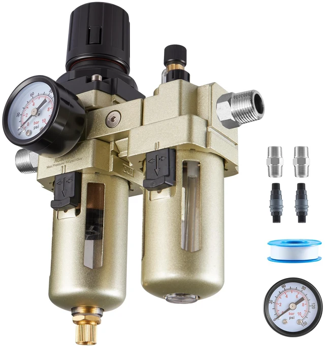 Alt view image 8 of 8 - Air Compressor Filter Regulator Lubricator (FRL), 3/8" NPT Air Compressor Water Separator, Semi-Auto Drain Air-Drying System with 5m Brass Filter Element, 145PSI Max Working Pressure, Poly Bowl