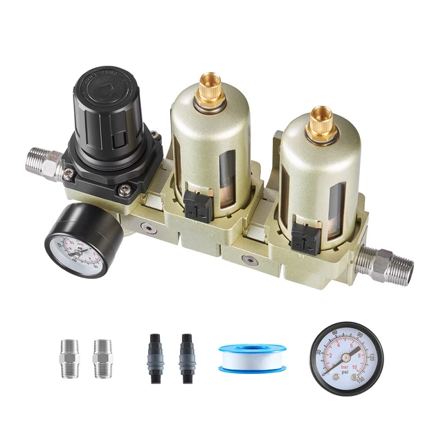 Alt view image 8 of 8 - Air Compressor Filter Regulator, 3/8" NPT Dual Stage Air-Drying System with 25m + 5m Brass Filter Element, Semi-Auto Drain Air Compressor Water Separator 145PSI Max Working Pressure, Poly Bowl