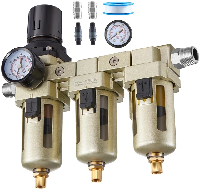 Alt view image 8 of 8 - Air Compressor Filter Regulator, 3/8" NPT 3-Stage Air Compressor Water Separator with 5m/1m/0.01m Micron Filter Elements, Semi Auto Drain Air-Drying System 145PSI Max Pressure, Poly Bowl