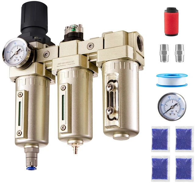 Alt view image 8 of 8 - VEVOR Air Compressor Filter Regulator, 3/4" NPT 3-Stage 5m & 0.3m & 0.1m Air Drying System with Micron Filters and Desiccant Dryer, Auto Drain Air Compressor Water Separator 175PSI Max Pressure