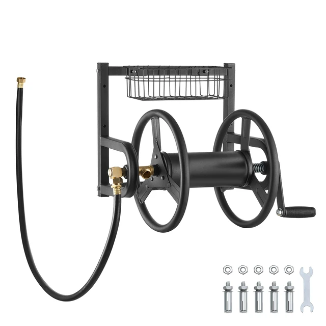 Alt view image 8 of 8 - Wall Mounted Garden Hose Reel, Holds 125 ft 5/8-inch Hose, Heavy-Duty Water Hose Winder, Space-Saving Design, Outdoor Manual Reel with Brass Fitting and Storage Basket for Yard Lawn