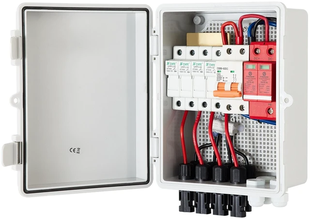 Alt view image 12 of 12 - PV Combiner Box, 4 String, Solar Combiner Box with 15A Rated Current Fuse 63A Circuit Breaker Lightning Arrester and Solar Connector, ABS Plastic Case for On / Off Grid Solar Panel System, IP65