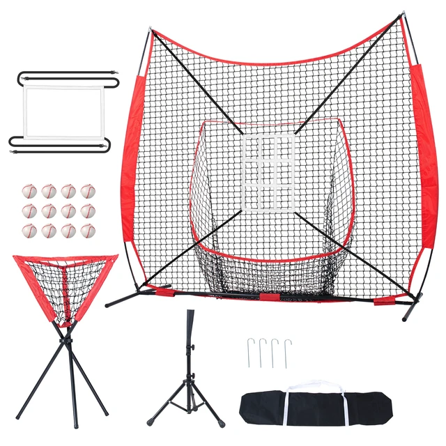 Alt view image 8 of 8 - VEVOR 7x7 ft Baseball Softball Practice Net, Portable Baseball Training Net for Hitting Catching Pitching, Backstop Equipment with Bow Frame, Carry Bag, Strike Zone, 12 Balls, Tee, and Ball Collector