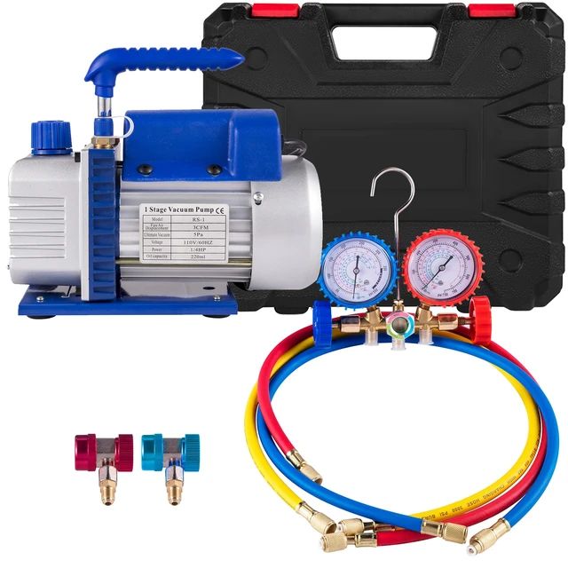 Alt view image 8 of 8 - 3CFM 1/4HP Single Stage Air Vacuum Pump HVAC R134a R12 R22 R410a A/C Refrigeration Kit AC Manifold Gauge R134 Can Tap Included Carrying Tote