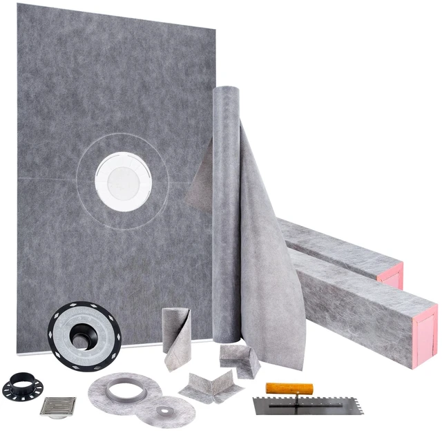 Alt view image 8 of 8 - Shower Curb Kit, 48\"x72\" Watertight Shower Curb Overlay with 4\" ABS Central Bonding Flange, 4\" Stainless Steel Grate, 2 Cuttable Shower Curb and Trowel, Shower Pan Slope Sticks Fit for Bathr