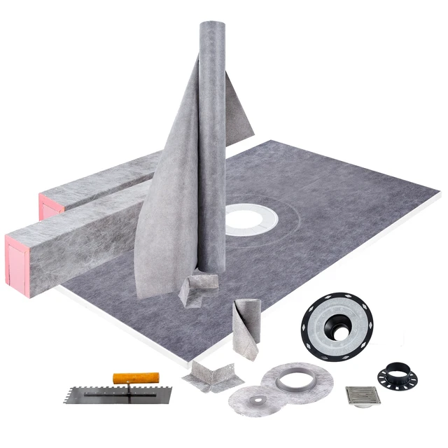 Alt view image 8 of 8 - Shower Curb Kit, 48\"x72\" Watertight Shower Curb Overlay with 4\" PVC Central Bonding Flange, 4\" Stainless Steel Grate, 2 Cuttable Shower Curb and Trowel, Shower Pan Slope Sticks Fit for Bathr