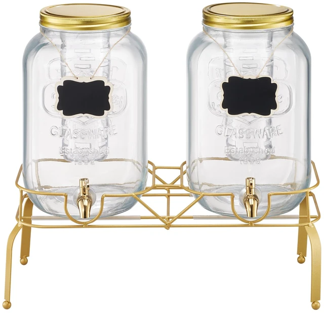 Alt view image 9 of 9 - Beverage Dispenser, 2 Pack 2 Gallon Drink Dispensers for Parties, Glass Juice Dispenser with Metal Stand, Stainless Steel Spigot, Infuser, Iced Tea Lemonade Juice Water Dispensers for Parties