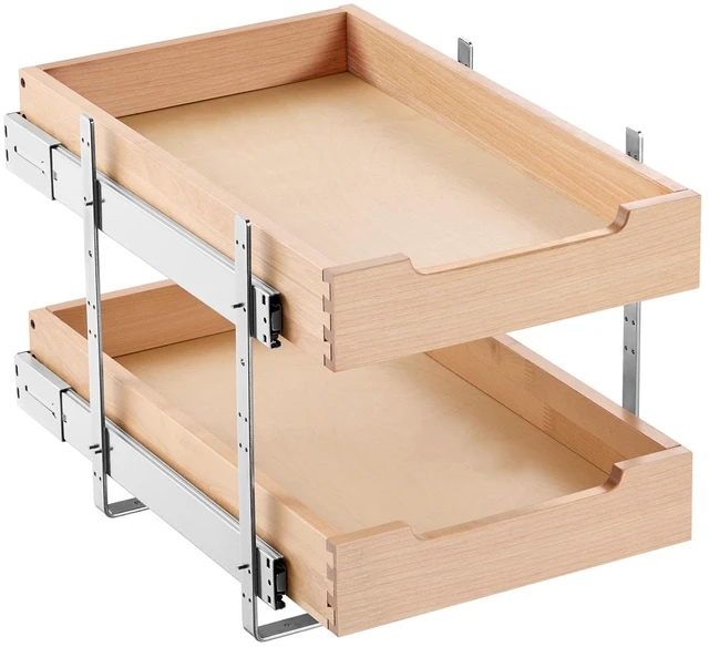 Alt view image 10 of 10 - 2 Tier Pull Out Cabinet Organizer, 14"W x 21"D Cabinet Drawer, Soft Close Slide out Shelf, Heavy-Duty Sliding Wood Drawer, Adjustable Base Cabinet Organization for Kitchen Pantry Bathroom