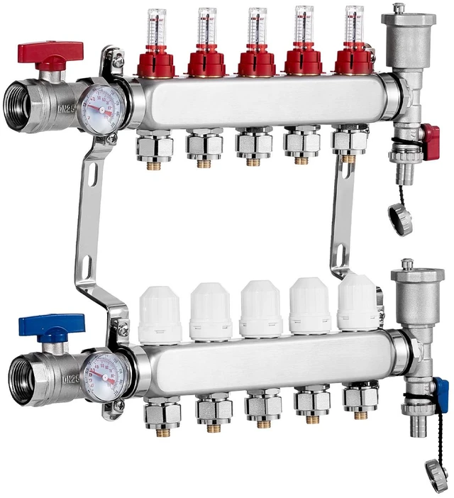 Alt view image 8 of 8 - 5-Branch Radiant Heat Manifold, 1/2" PEX Tubing Manifold, Stainless Steel PEX Manifold for Hydronic Radiant Floor Heating, Radiant Heat PEX Manifold Kit with 1/2" Adapters Included