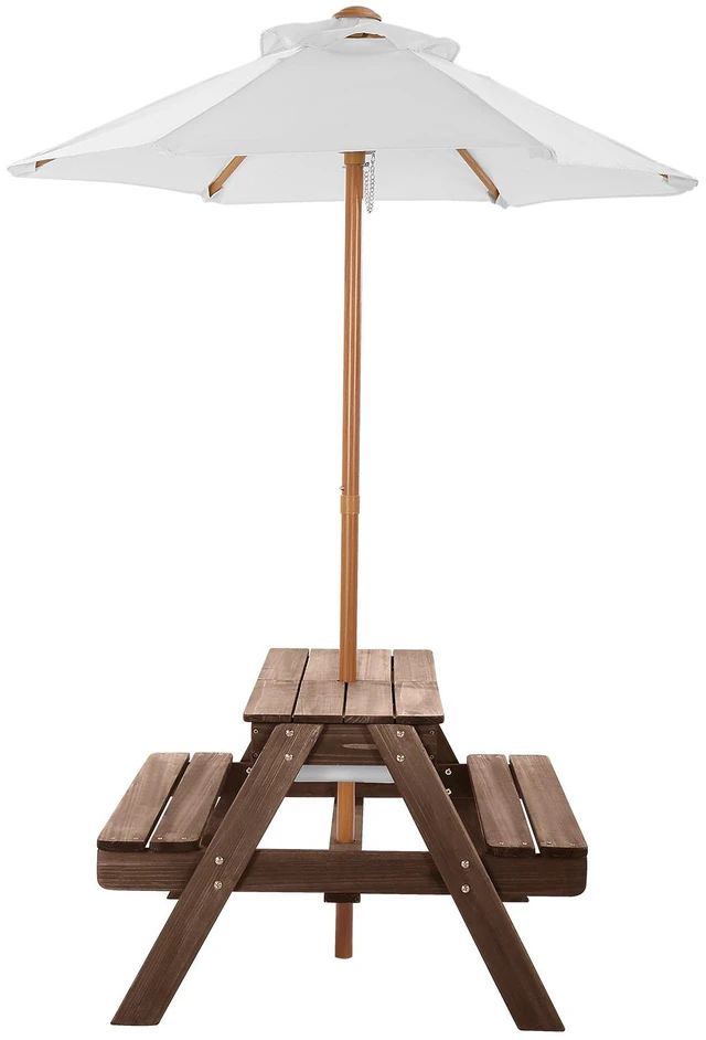 Alt view image 8 of 8 - VEVOR Kids Picnic Table with Umbrella, 3-in-1 Sand & Water Table, Outdoor Wooden Table and Bench Set with 2 Trays, 4-People Patio Dining Furniture for Garden, Backyard and Porch (Walnut)