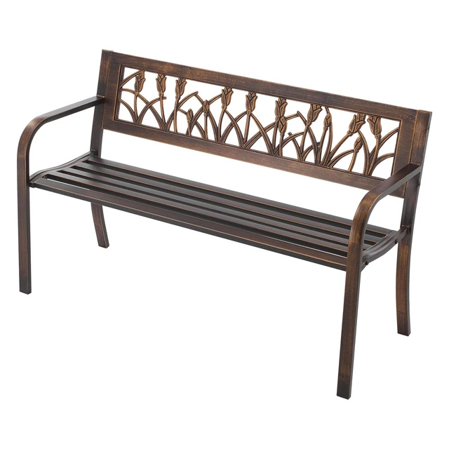 Alt view image 9 of 9 - Outdoor Bench, 50 inch, Carbon Steel Metal Frame with PVC Floral Pattern Backrest and Round Edge Armrests, Weatherproof Outside Bench for Patio, Garden, Park, Yard, Front Porch, Antique Bronze