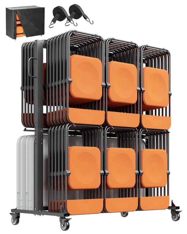 Alt view image 15 of 15 - Folding Chair Rack, 800 LBS Capacity, Heavy-duty Chair Cart for 84 Chairs/ 12 Tables+42 Chairs, Dual-layer Chair Storage Dolly with Rubber Wheels and Holders, Large Chair Holder, Matte Black
