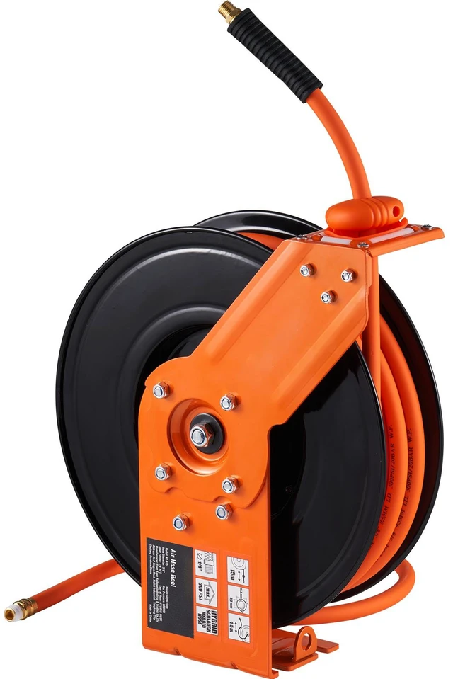 Alt view image 9 of 9 - Retractable Air Hose Reel, 3/8 IN x 50 FT Hybrid Air Hose Max 300PSI, Air Compressor Hose Reel with 5 In Lead in, Ceiling / Wall Mount Heavy Duty Double Arm Steel Reel