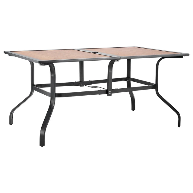 Alt view image 9 of 9 - Outdoor Patio Dining Table, 59 inch Long Rectangular Wood-Like Steel Slat Backyard Bistro Tables for 4-6, with 1.5 in Umbrella Hole, All-Weather Large Furniture for Lawn Garden Porch, Brown