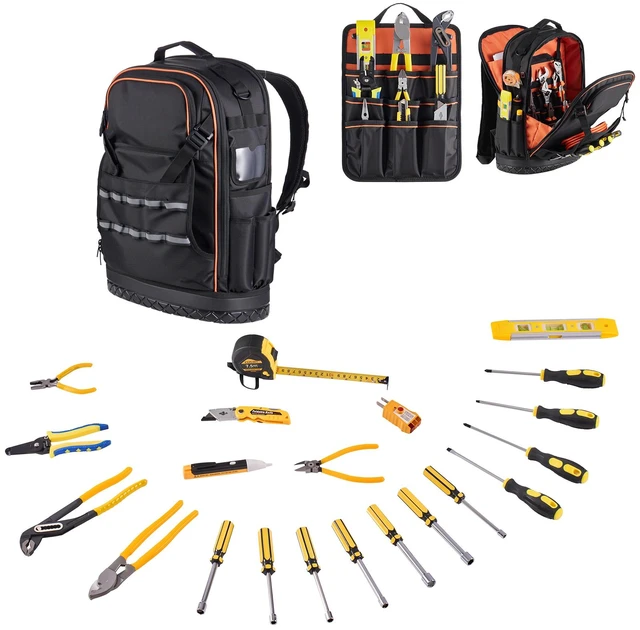 Alt view image 9 of 9 - Tool Backpack with Tools, 65 Pockets, Heavy-duty Tools Storage Organizer Bags with Laptop Compartment & Molded Base, Electrician Jobsite Backpack for Electrician, Repairman, and HVAC Techs