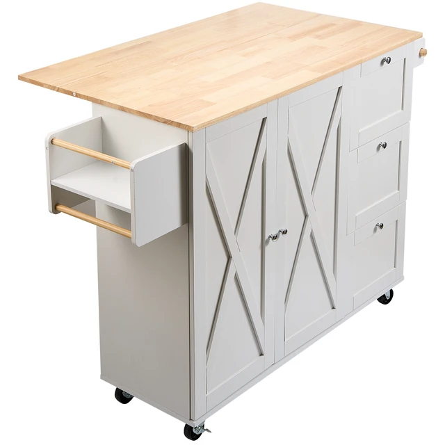 Alt view image 15 of 15 - Kitchen Island Cart with Solid Wood Top, 45.3" Width Mobile Carts with Storage Cabinet, Rolling Kitchen Table with Spice Rack, Towel Rack, Drop Leaf and Drawer, Portable Islands on Wheels, White