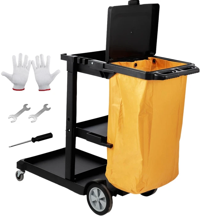 Alt view image 10 of 10 - Cleaning Cart, 3-Shelf Commercial Janitorial Cart, 200 lbs Capacity Plastic Housekeeping Cart, with 25 Gallon PVC Bag and Cover, 47 x 20 x 38.6in, Yellow&Black