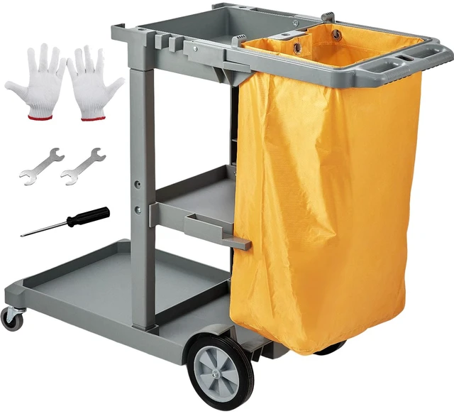 Alt view image 8 of 8 - Cleaning Cart, 3-Shelf Commercial Janitorial Cart, 200 lbs Capacity Plastic Housekeeping Cart, with 25 Gallon PVC Bag, 47" x 20" x 38.6", Yellow+Grey