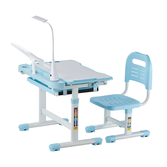 Alt view image 8 of 8 - Kids Study Chair and Desk Set, Study Desk and Chair for Kids with Table Lamp, Adjustable Height & 0-40° Tilted Desktop Kids Desk and Chair, Children Study Table for Bedroom & Study Room, Blue