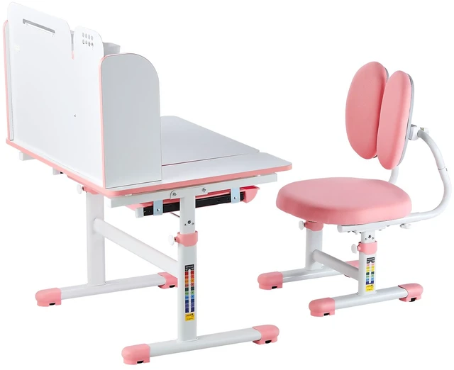 Alt view image 15 of 15 - Kids Study Chair and Desk Set, Study Desk and Chair for Kids with Bookshelf & Storage Drawer, Adjustable Height & 0-40° Tilted Desktop Desk and Chair, Study Table for Bedroom & Study Room, Pink