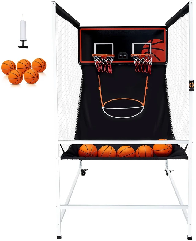 Alt view image 9 of 15 - Arcade Cage Basketball Game, 2 Player Indoor Basketball Game, Home Dual Sport with 5 Balls, 8 Game Modes, Electronic Scoreboard, and Inflation Pump, for Kids, Adults (Black & White)