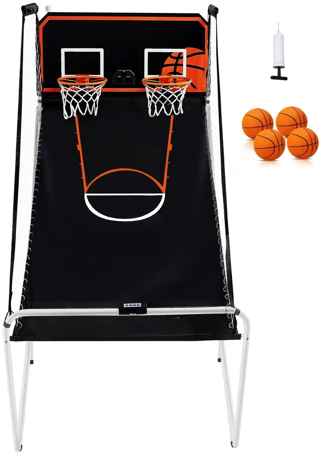 Alt view image 15 of 15 - Foldable Basketball Arcade Game, 2 Player Indoor Basketball Game, Home Dual Sport with 4 Balls, 8 Game Modes, Electronic Scoreboard, and Inflation Pump, for Kids, Adults (Black & White)