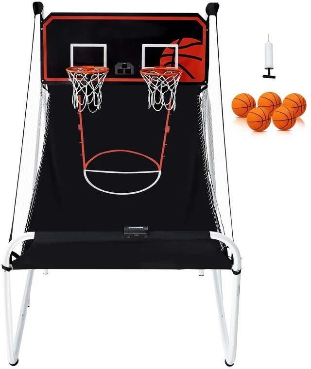 Alt view image 15 of 15 - Foldable Basketball Arcade Game, 2 Player Indoor Basketball Game, Home Dual Sport with 5 Balls, 8 Game Modes, Electronic Scoreboard, and Inflation Pump, for Kids, Adults (Black & White)