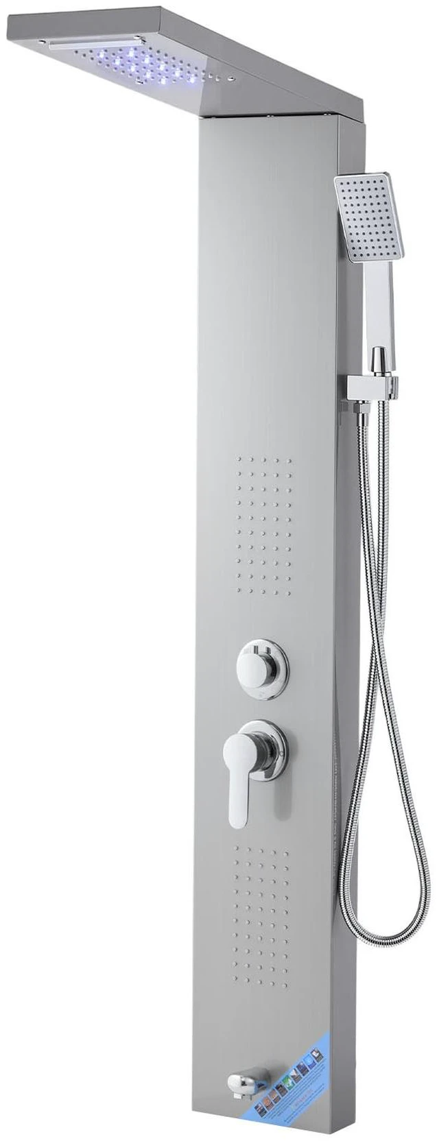 Alt view image 9 of 9 - Shower Panel Tower System with Rainfall Waterfall Shower Head, LED, 53 in Brushed Stainless Steel Shower Column, 5-Function Faucet, Wall-Mount Rain Massage System, with Handheld, Tub Spout