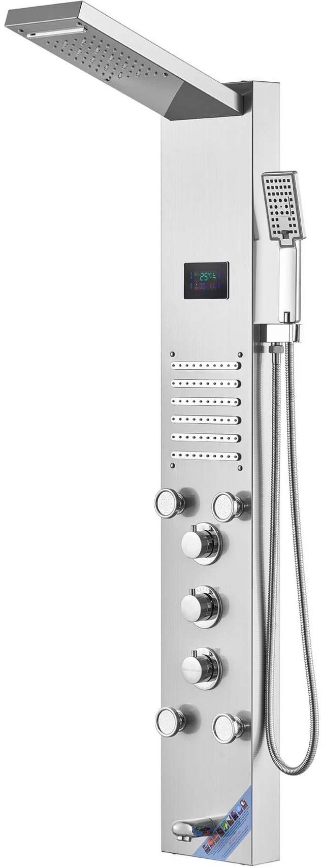 Alt view image 8 of 8 - Shower Panel System, 6 Shower Modes, LED & Screen Hydroelectricity Shower Panel Tower, Rainfall, Waterfall, 5 Massage Jets, Tub Spout, Handheld Shower, Stainless Steel Wall-Mounted Shower Set