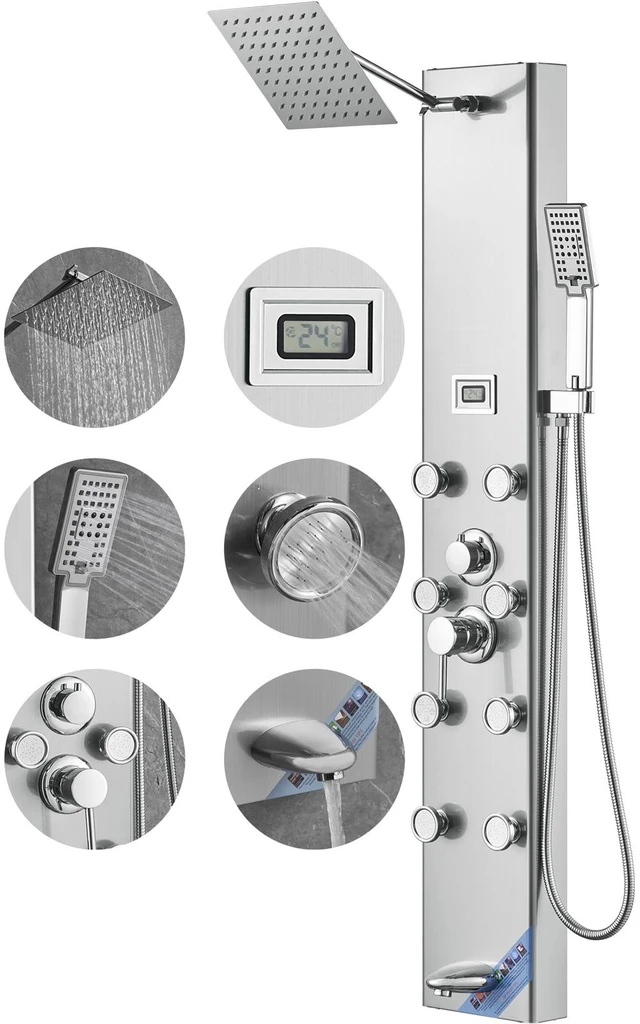 Alt view image 8 of 8 - Shower Panel System, 5 Shower Modes, Digital Display Shower Panel Tower, Rainfall, 8 Massage Jets, Tub Spout, 3-Setting Handheld Shower Head 59" Hose, Stainless Steel Wall-Mounted Shower Set