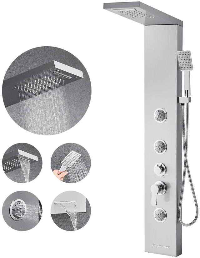 Alt view image 8 of 8 - Shower Panel Tower System with Rainfall Waterfall Shower Head, 53 in Brushed Stainless Steel Shower Column, 5-Function Faucet, Wall-Mount Rain Massage System with 3 Body Jet, Handheld, Tub Spout