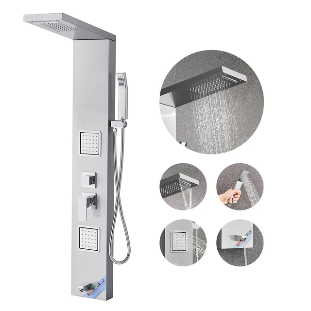 Alt view image 8 of 8 - Shower Panel Tower System with Rainfall Waterfall Shower Head, 53 in Brushed Stainless Steel Shower Column, 5-Function Faucet, Wall-Mount Rain Massage System with 2 Body Jet, Handheld, Tub Spout