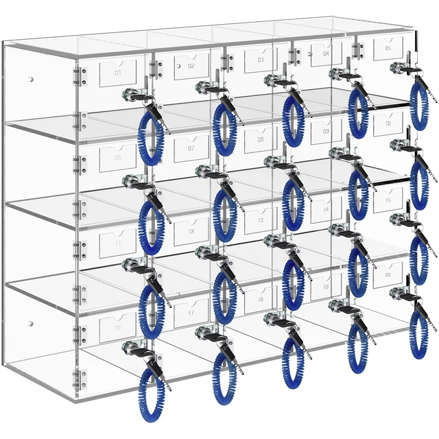 Alt view image 16 of 16 - Cell Phone Storage Locker, 20 Slots Acrylic Material with Door Locks and Keys, Wall-Mounted Cabinet Pocket Office Classroom Gym Box, Clear