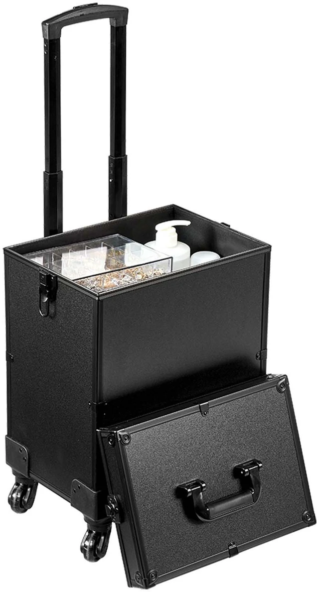 Alt view image 8 of 8 - 5 in 1 Professional Makeup Train Case Aluminum Cosmetic Case, Rolling Makeup Case Extra Large Trolley Makeup Travel Organizer, with 360° Swivel Wheels & Adjustable Pull Rod, Black