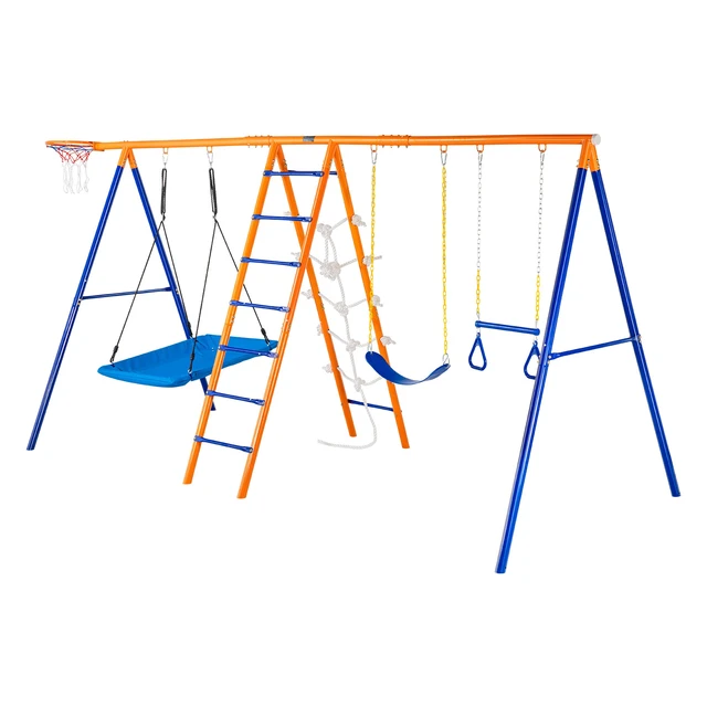 Alt view image 15 of 15 - Swing Sets for Backyard, 6 in 1 Swing Set with 2 Swings, Trapeze Bar, Climbing Ladder, Climbing Net, and Basketball Hoop, 440lbs Load Capacity Heavy-Duty Metal Swingset Outdoor for Kids Ages 3+