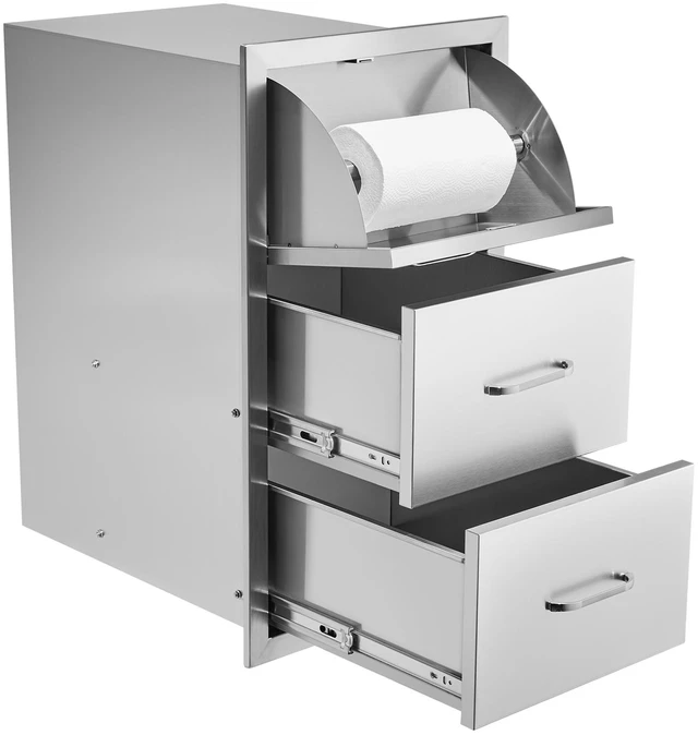 Alt view image 8 of 8 - 17W x 30H x 21D Inch Outdoor Kitchen Stainless Steel Double Access Drawers with Paper Towel Holder Combo for BBQ Island or Grill Station