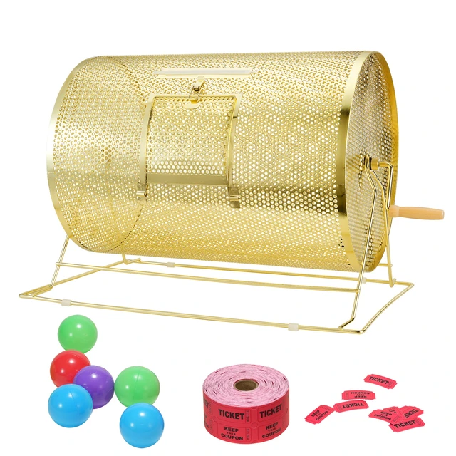 Alt view image 8 of 8 - Raffle Drum,Holds 10000 Tickets or 300 Ping Pong Balls, Metal Lottery Spinning Drawing with Wooden Turning Handle, 14.8 x Ø21.26 inch Brass Plated Raffle Ticket Spinning Cage, for Bingo Ballot