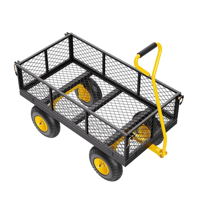 Alt view image 15 of 15 - 900 Lbs Heavy Duty Steel Garden Cart, Garden Wagon Cart on Wheels, Outdoor Metal Yard Utility Wagon Carts with 10" Tires and Mesh Removable Sides(Convert to Flatbed) and 180°Rotating Handle