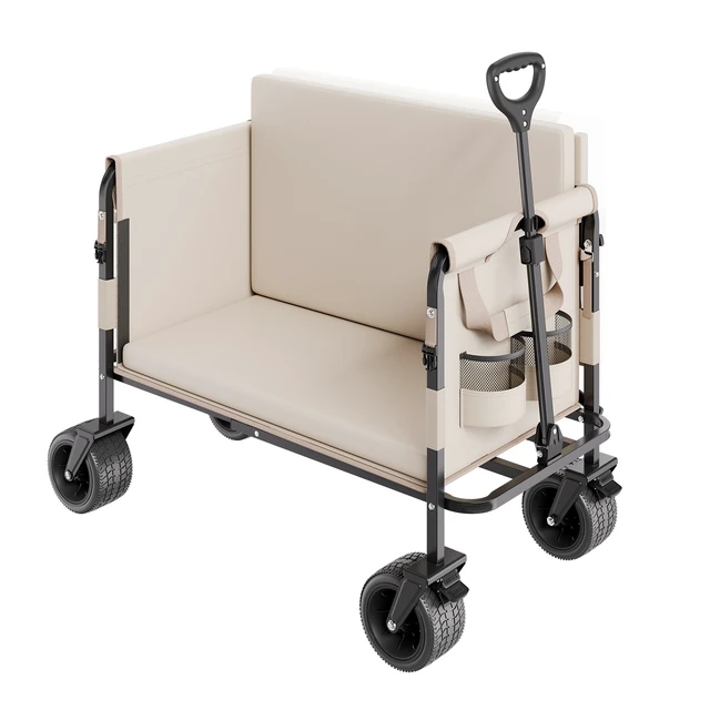 Alt view image 10 of 10 - Collapsible Folding Wagon, 550lb Load & 220L, 2 in 1 Foldable Wagon Cart Converts to Bench, Utility Wagon with Adjustable Handle, Outdoor Cart for Groceries Shopping, Camping, Gardening