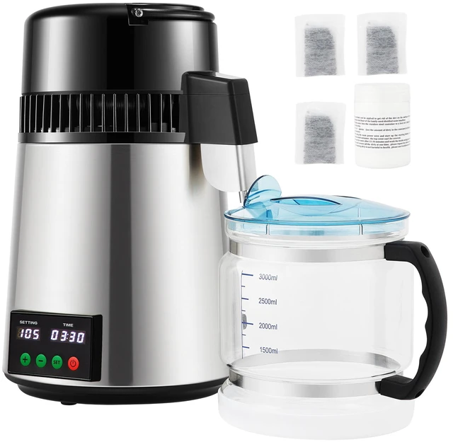 Alt view image 8 of 8 - VEVOR 1.1 Gal Water Distiller, 0.3 Gal/H, 750W Distilled Water Maker Machine 0-99H Timing Set Temp Display, 304 Stainless Steel Countertop Distiller Glass Carafe Cleaning Powder 3 Carbon Packs, Silver