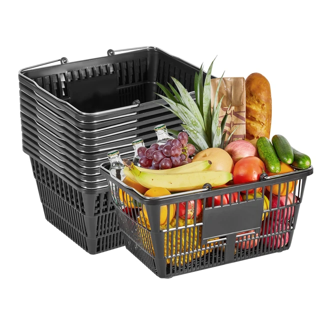 Alt view image 9 of 9 - Shopping Baskets, 12 PCS, 21L Stackable PE Plastic Grocery Baskets with Handles, Dense Mesh Structure, Holds up to 20 lbs, Portable for Grocery, Retail, Stores, Supermarket, Home Use, Black