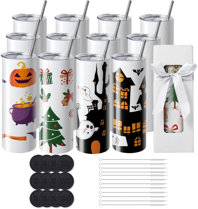 Alt view image 8 of 8 - 12 Pack Sublimation Tumblers 20oz Skinny Straight, Stainless Steel Sublimation Tumblers Blank, Stainless Steel Double Wall Tumbler for Heat Transfer Customized Gifts with Lid and Straw, Gift Box