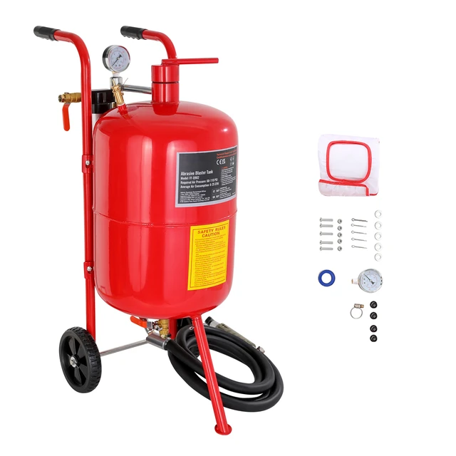 Alt view image 8 of 8 - 10Gal/40L Sandblaster Equipped with Nozzle Shut-Off Valve Pressure Gauge Ceramic Nozzle 2.5m Hose Filling Funnel Watertrap 6\" Rubber Wheels Grit Power Sand Blasters Portable Sandblasting Equipm