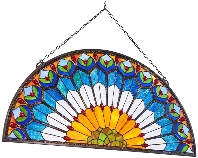 Alt view image 9 of 9 - Stained Glass Window Panel, 36 x 18 in, Tiffany Style Hanging Transom Window Panel with Chain, Large Half-Round Stain Glass Hanging, Vintage Traditional Art Handcrafts for Kitchen Home Decor