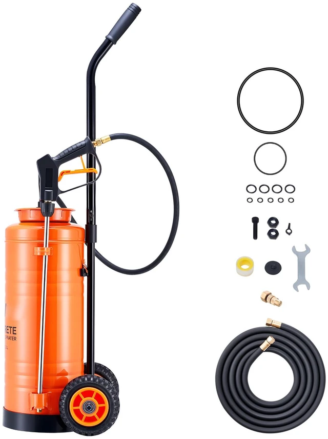 Alt view image 9 of 9 - Industrial Concrete Sprayer with Wheeled Cart, 3.5 Gallon Stainless Steel Sprayer, Heavy Duty Tri-Poxy Pump Sprayers, 20.5"Wand, 48" & 120"Hoses, 2 Brass Nozzles for Construction, Lawn & Garden
