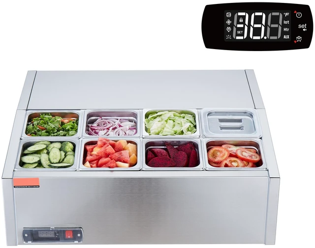 Alt view image 8 of 8 - Refrigerated Condiment Prep Station, 140 W Countertop Refrigerated Condiment Station, with 8 1/6 Pans, 304 Stainless Body and PC Lid, Sandwich Prep Table with Stainless Steel Guard, ETL